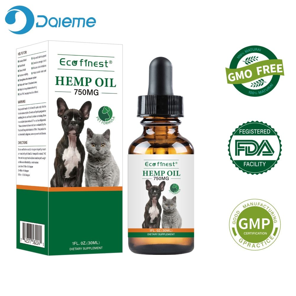 750 mg Organic Pet essential Oil for dogs Natural Herbs of Pet Care Oil for Anxiety Relief Pain Joint hip Strengtheners Hemp Oil